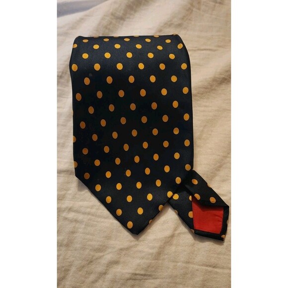 Lanvin Holt Renfrew Paris Mens 100% Silk Necktie Blue/Gold Polka Dots 4.5"X57" - Picture 1 of 4